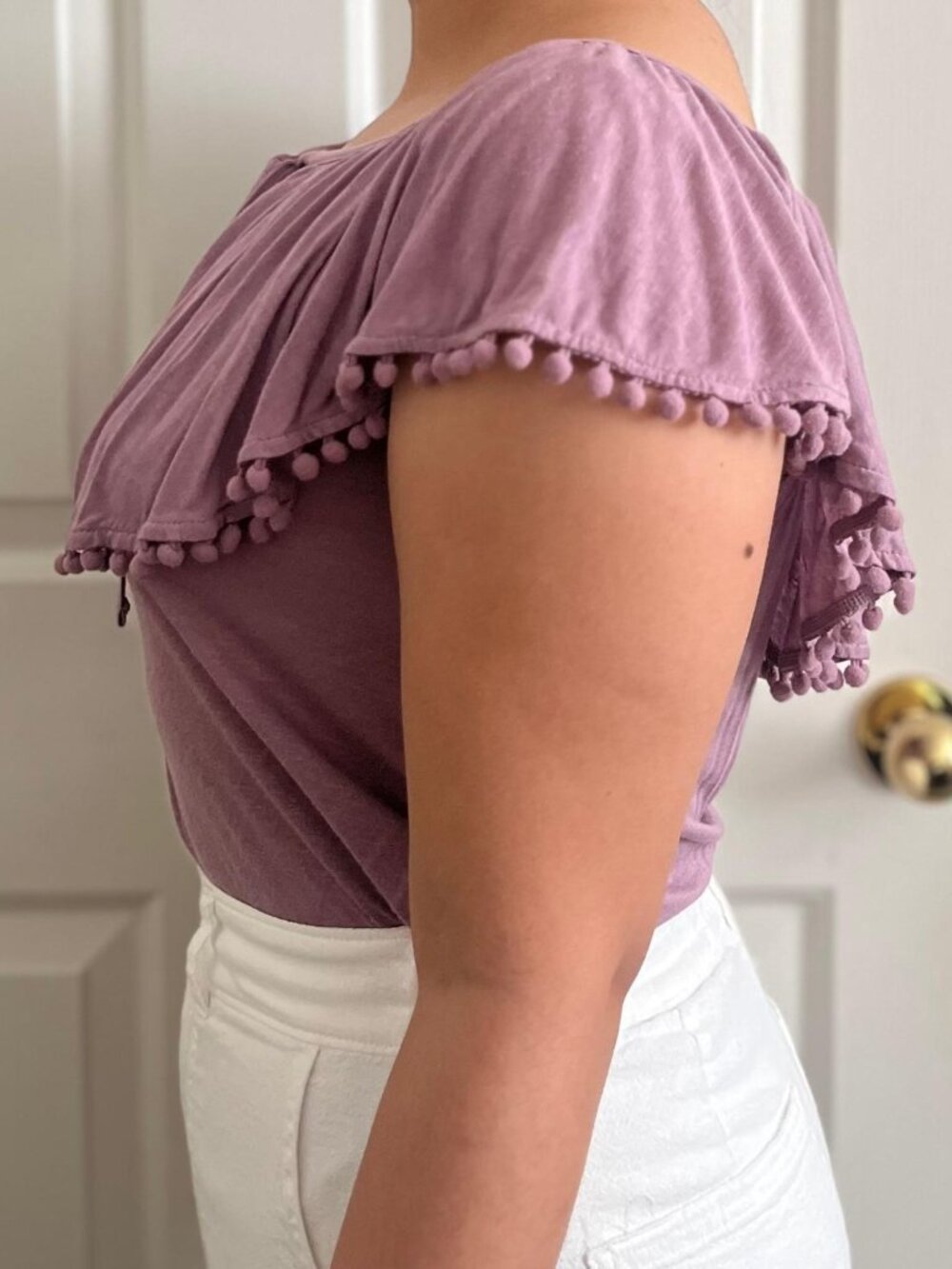 Linen-Blend Lilac Purple Ruffled Top - Picture 3 of 6